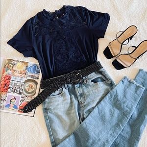 Navy Blue Frill Trim Lace Blouse